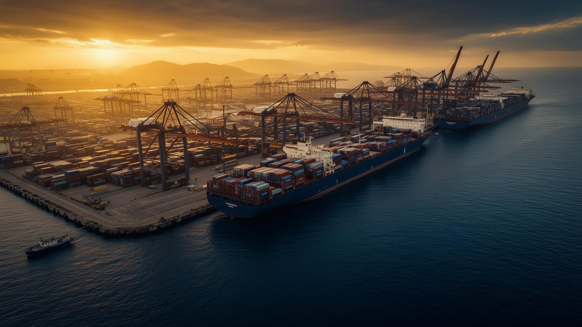 Global cargo port at sunset